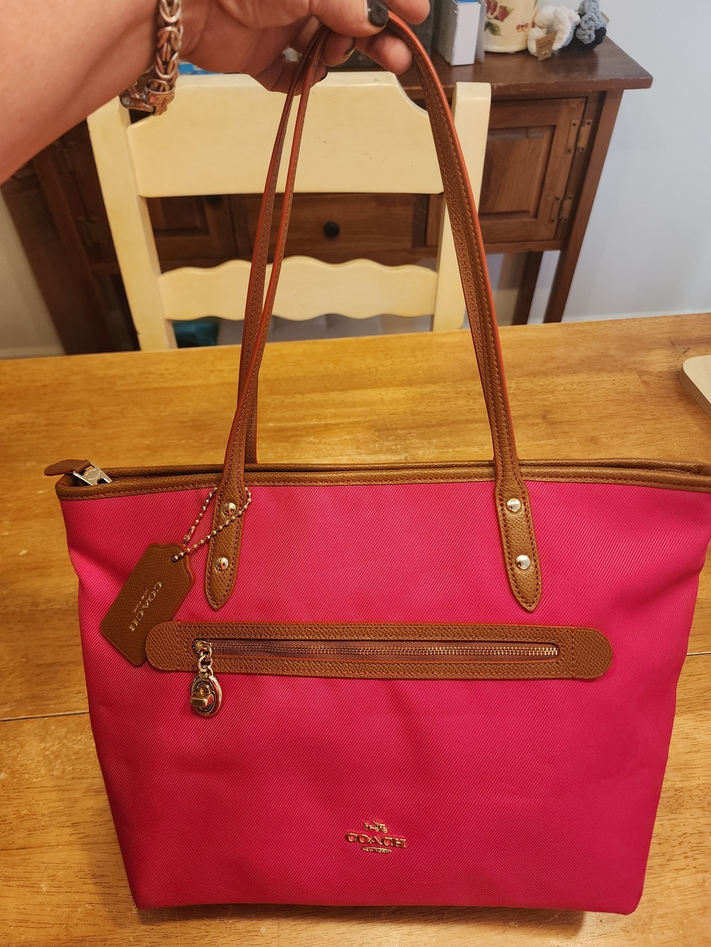 bright pink Coach Sawyer Tote durable poly-twill fabric & brown leather